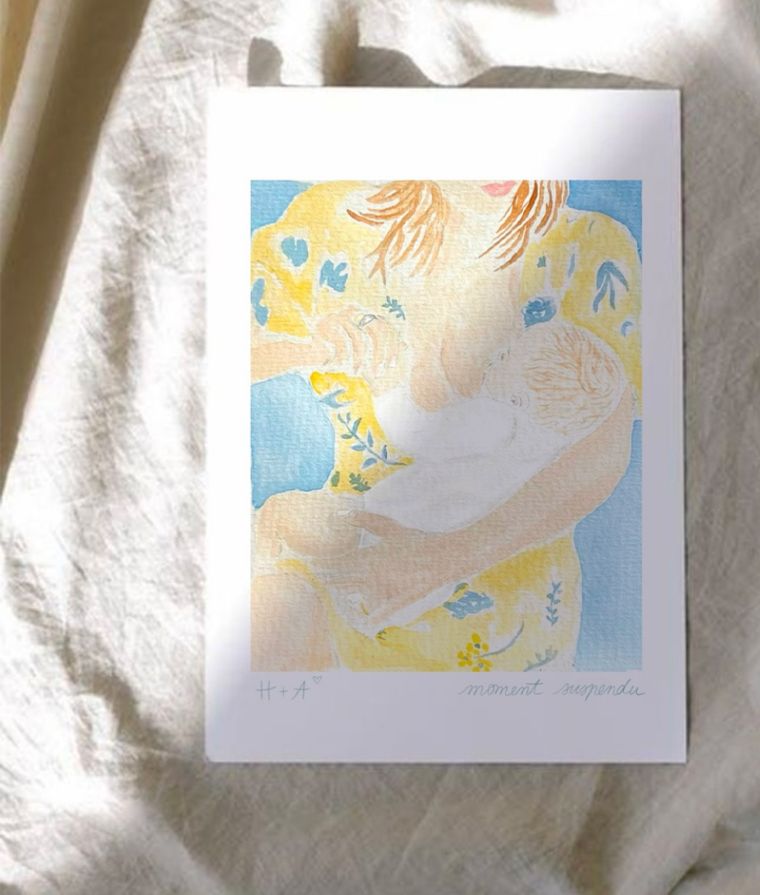Aquarelle d'une maman et son bébé, encadrée